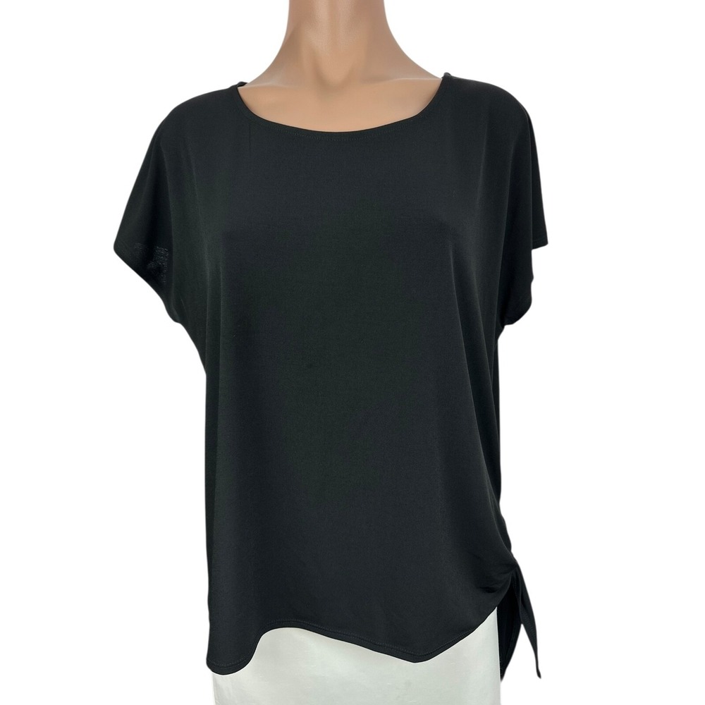Chico's Sz 1 / M Black Pullover Top Cap Sleeve Ties at Hem Polyester/Spandex
